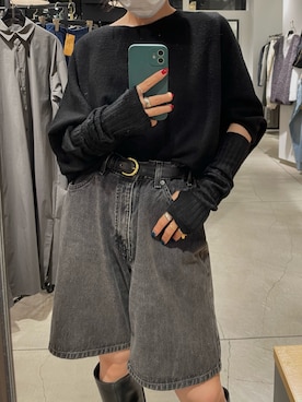 「OUVRAGE CLASSE（ウヴラージュクラス）のアームウォーマー付きポンチョニット（ニット/セーター、ブラック系）」を使った、hanaさん（レディース・160cm）の秋コーディネート