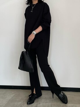 「OUVRAGE CLASSE（ウヴラージュクラス）のオーバーサイズプルオーバー（シャツ/ブラウス、ブラック系）」を使った、hanaさん（レディース・160cm）の夏コーディネート