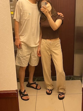 「カップルコーデ」｜「アイテム（スラックス）」を使った、fulat201さん（レディース・154cm）の夏コーディネート