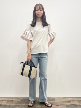 「OPAQUE.CLIP（オペークドットクリップ）の【接触冷感】タックスリーブカットソー《洗濯機OK》（Tシャツ/カットソー、ベージュ系）」を使った、aimiku09さん（レディース・166cm）の夏コーディネート