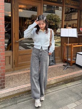 「AS KNOW AS plus（アズノゥアズプラス）の☆アソートデザイン カーブデニムパンツ(レース、ケミカル、オーバーダイ、ビジュー）（デニムパンツ、ブラック系）」を使った、Miyukiさん（レディース・160cm）の秋コーディネート