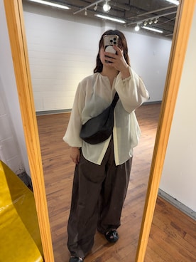 「russet（ラシット）のシアーギャザーブラウス（シャツ/ブラウス、ホワイト系）」を使った、moticoooさん（レディース・159cm）の秋コーディネート