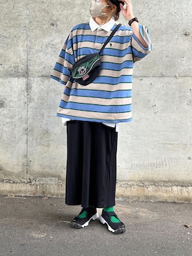 「ラガーシャツ」｜「アイテム（ニットキャップ/ビーニー）」を使った、にこ。さん（レディース・165cm）の夏コーディネート