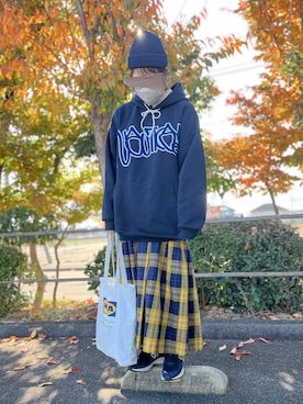 「チェック柄に恋してる」｜「アイテム（パーカー）」を使った、にこ。さん（レディース・165cm）の秋コーディネート