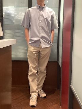 「TOKYO SHIRTS（トウキョウシャツ）のカジュアルシャツ フレンチブルドッグ刺繍 オックスフォードシャツ ボタンダウン 綿100% 半袖 メンズ（ポロシャツ、ブルー系）」を使った、TOKYO SHIRTS おおたかの森店さん（メンズ・177cm）の夏コーディネート