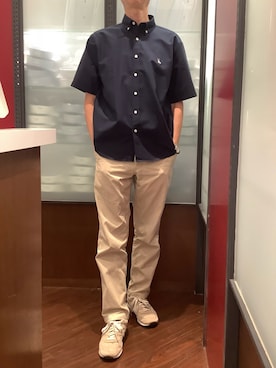 「TOKYO SHIRTS（トウキョウシャツ）のカジュアルシャツ フレンチブルドッグ刺繍 オックスフォードシャツ ボタンダウン 綿100% 半袖 メンズ（ポロシャツ、ブルー系）」を使った、TOKYO SHIRTS おおたかの森店さん（メンズ・177cm）の夏コーディネート