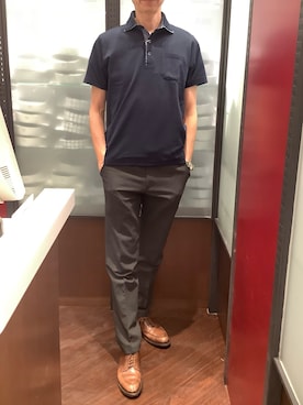 「TOKYO SHIRTS（トウキョウシャツ）のWカラー フラワープリント ポロシャツ（ポロシャツ、ブルー系）」を使った、TOKYO SHIRTS おおたかの森店さん（メンズ・177cm）の春コーディネート