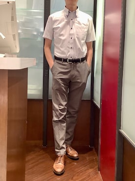 「TOKYO SHIRTS（トウキョウシャツ）の【超形態安定】【吸水速乾】 形態安定ノンアイロン ボタンダウン 半袖ビジネスワイシャツ（ビジネスシャツ、ブルー系）」を使った、TOKYO SHIRTS おおたかの森店さん（メンズ・177cm）の夏コーディネート