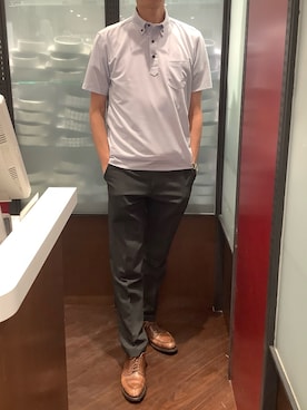 「TOKYO SHIRTS（トウキョウシャツ）のビズポロ コンフォートドライ 半袖ポロシャツ（ポロシャツ、ブルー系）」を使った、TOKYO SHIRTS おおたかの森店さん（メンズ・177cm）の春コーディネート