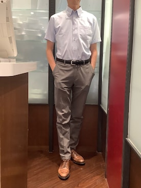 「TOKYO SHIRTS（トウキョウシャツ）の【超形態安定】【吸水速乾】  形態安定ノンアイロン ボタンダウン 半袖ビジネスワイシャツ（ビジネスシャツ、ブルー系）」を使った、TOKYO SHIRTS おおたかの森店さん（メンズ・177cm）の夏コーディネート