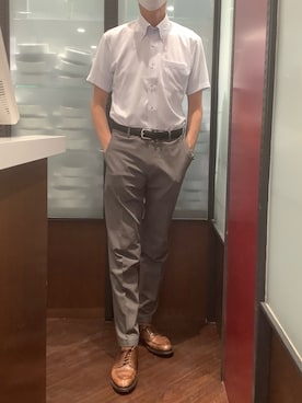 「TOKYO SHIRTS（トウキョウシャツ）の【吸水速乾】【COFREX】形態安定ノンアイロン ボタンダウン 半袖ビジネスワイシャツ（ビジネスシャツ、ブルー系）」を使った、TOKYO SHIRTS おおたかの森店さん（メンズ・177cm）の春コーディネート