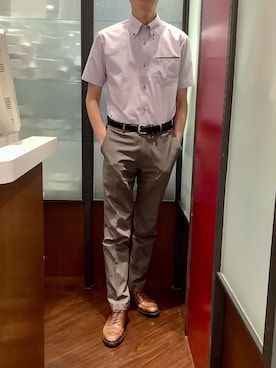 「TOKYO SHIRTS（トウキョウシャツ）の【超形態安定】【吸水速乾】 形態安定ノンアイロン ボタンダウン 半袖ビジネスワイシャツ（ビジネスシャツ、パープル系）」を使った、TOKYO SHIRTS おおたかの森店さん（メンズ・177cm）の夏コーディネート