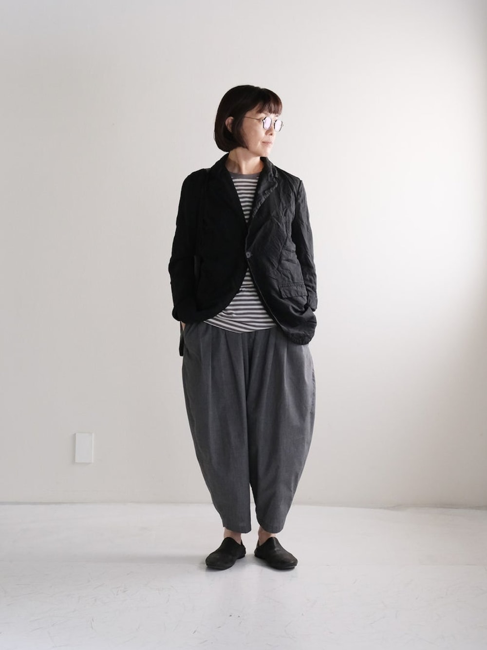 「無印良品、大人カジュアル、ボーダー」｜「無印良品の婦人　天竺編みクルーネック長袖Ｔシャツ（Tシャツ/カットソー、グレー系）」を使った、kawanoさん（レディース・156cm）の秋コーディネートの1枚目の写真