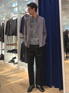 「NOLLEY’S（ノーリーズ）の《セットアップ対応》LANATEC ウーステッドサージストレッチ マオカラーシャツブルゾン（ブルゾン）」を使った、KIHARAさん（メンズ・188cm）の秋コーディネート
