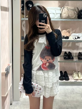 「Heather（ヘザー）のレースフリルショートパンツ　645563（その他パンツ、ホワイト系）」を使った、りさこさんの春コーディネート