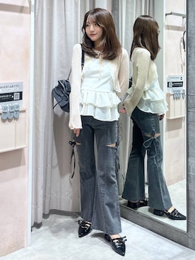 「Heather（ヘザー）のアイテム（カーディガン/ボレロ）」を使った、りさこさん（レディース・154cm）の春コーディネート