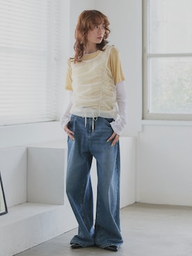 「ad thie（アドティエ）のヴィンテージ ワイド デニムパンツ（デニムパンツ、ブルー系）」を使った、ad thieさん（レディース・154cm）の春コーディネート