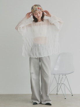 「ad thie（アドティエ）のライトカラー ダメージデニムパンツ（デニムパンツ、グレー系）」を使った、ad thieさん（レディース・154cm）の春コーディネート
