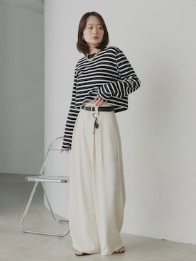 「ad thie（アドティエ）のアソート ショート丈ロンT（Tシャツ/カットソー、ブラック系）」を使った、ad thieさん（レディース・154cm）の春コーディネート
