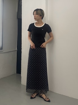 「SENSE OF PLACE by URBAN RESEARCH(センスオブプレイスバイアーバンリサーチ)のシアーチェックナロースカート(スカート、ブラック系)」を使った、kasumiさん(レディース・166cm)の夏コーディネート