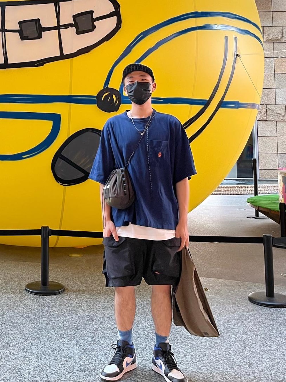 「ootd、夏、街頭穿搭、球鞋、休閒、oversize、GRAMICCI、AIR JORDAN、基礎款、工裝褲、outfit」｜「THE FACTORY MADEの【THE FACTORY MADE】　Sashiko cap / 【ザ ファクトリー メイド】さしこ　キャップ（キャップ、ブルー系）」を使った、Leviさん（メンズ・174cm）の夏コーディネートの1枚目の写真