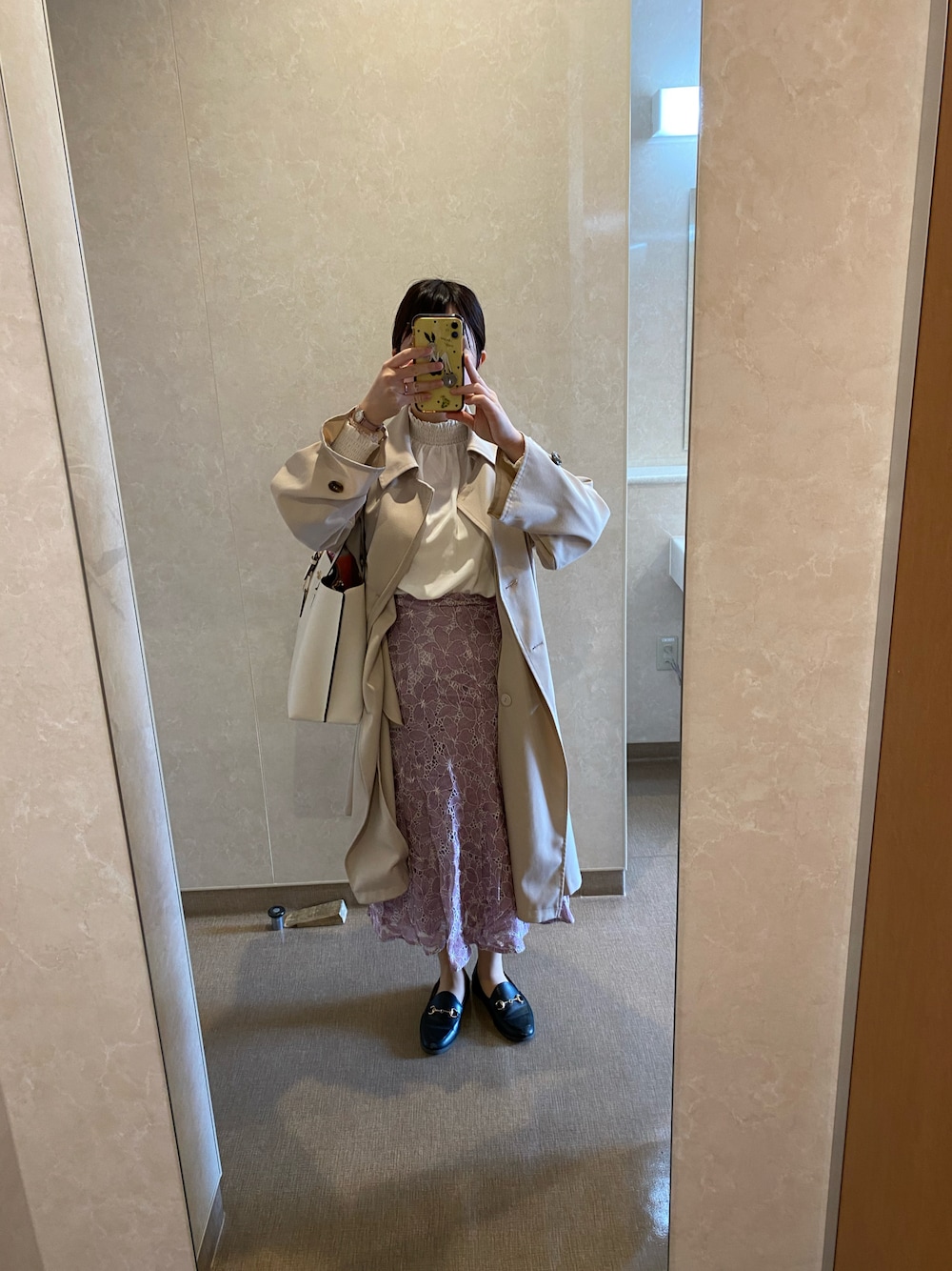 「Noelaのボンディングレーススカート（スカート、ピンク系）」を使った、chocomintocotocoさん（レディース・155cm）の春コーディネートの1枚目の写真