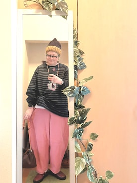 「アイテム（帽子、ブルー系）」を使った、えちご屋さん（レディース・168cm）の冬コーディネート