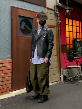 「HARE（ハレ）のアイテム（ライダースジャケット）」を使った、ともあき®さん（メンズ・167cm）の冬コーディネート