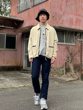 「JW Anderson（ジェイダブリューアンダーソン）のアイテム（帽子）」を使った、グリ3さん（メンズ・166cm）の春コーディネート