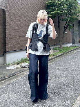 「JEANASIS（ジーナシス）の【HONGAMA】プリントTEE SS/1061794（Tシャツ/カットソー、グレー系）」を使った、inhhhan®さん（レディース・165cm）の夏コーディネート