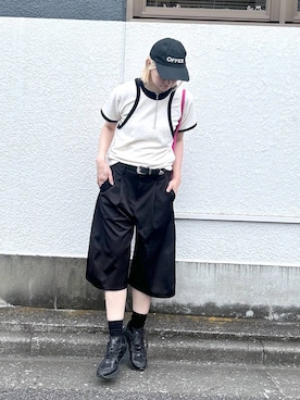 「HARE（ハレ）の3Dショートパンツ(HARE)（スラックス、ブラック系）」を使った、inhhhan®さん（レディース・165cm）の夏コーディネート