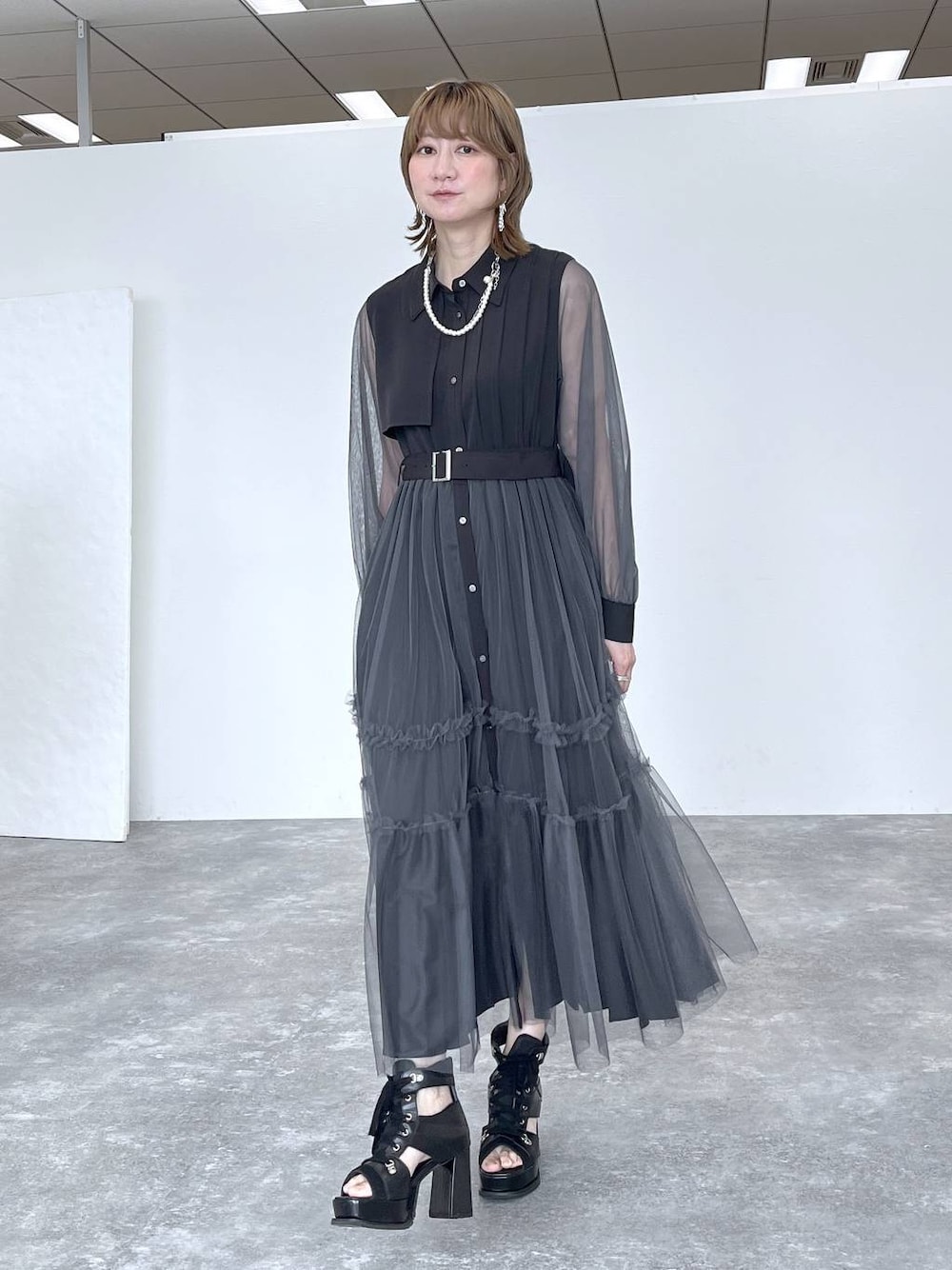 ミニ丈＆ロング丈 2サイズ展開】シアーチュールプリーツワンピース
