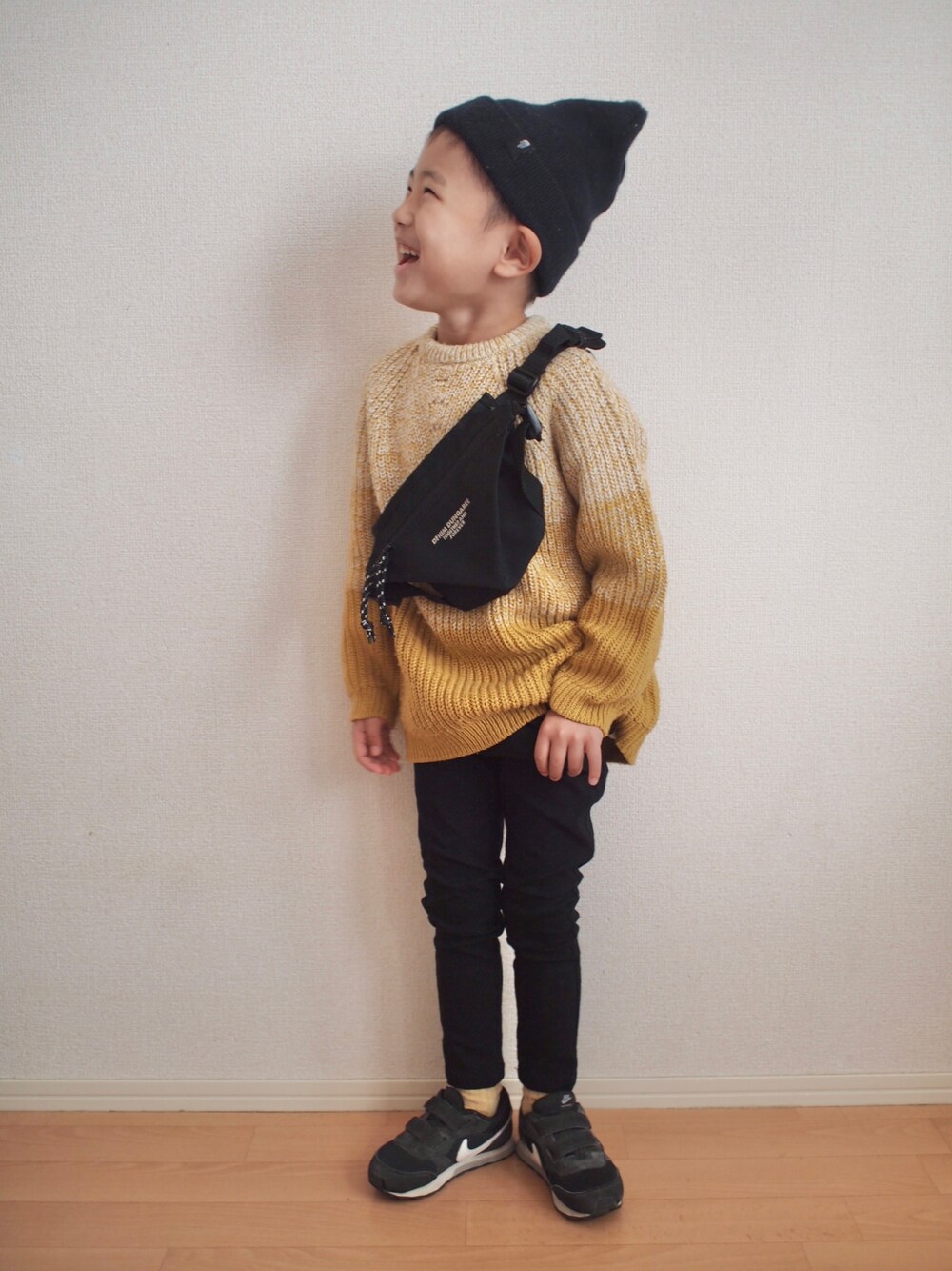 「私の推しブランド、ZARA KIDS、ノースフェイス、THE NORTH FACE、H&M、ブーツ、NIKE、スニーカー、シンプルコーデ」｜「THE NORTH FACEのTHE NORTH FACE/ノースフェイス バレットビーニー NN42038（ニットキャップ/ビーニー、ブラック系）」を使った、KOppiiiiiさん（キッズ・100cm）の冬コーディネートの1枚目の写真