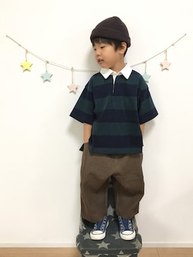 「ラガーシャツ」｜「アイテム（ニットキャップ/ビーニー）」を使った、kotaさん（キッズ・100cm）の秋コーディネート