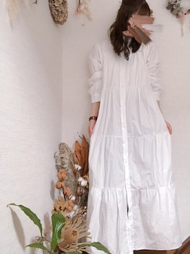 「fifth calin（フィフスカラン）のジュリエットスリーブノーカラーシャツワンピース（ワンピース）」を使った、na*さん（レディース・154cm）の夏コーディネート
