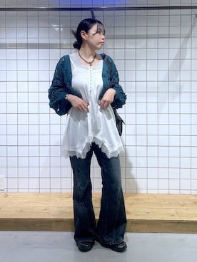 「PAGEBOY（ページボーイ）のスカシリーフニットボレロ 【一部カラーWEB限定/新色追加】（カーディガン/ボレロ、グリーン系）」を使った、おつゆさん（レディース・158cm）の夏コーディネート