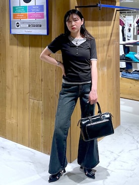 「PAGEBOY（ページボーイ）のスリムレッグフレアデニム【4color/4size】（デニムパンツ、ブルー系）」を使った、おつゆさん（レディース・158cm）の春コーディネート
