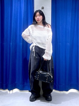 「PAGEBOY（ページボーイ）のスタッズZIPミニボストンバッグ（ショルダーバッグ、ブラック系）」を使った、おつゆさん（レディース・158cm）の夏コーディネート