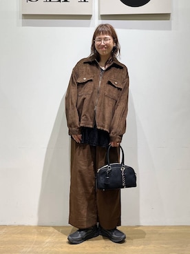 「BAYFLOW（ベイフロー）のダブルジップフリンジジャケット（ブルゾン、ブラウン系）」を使った、mocoさん（レディース・165cm）の秋コーディネート