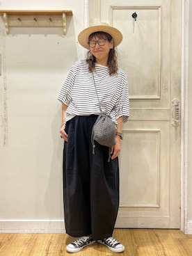「BAYFLOW（ベイフロー）の［トレンド対応］カンカン帽（ハット、ベージュ系）」を使った、mocoさん（レディース・165cm）の夏コーディネート