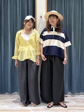 「BAYFLOW（ベイフロー）の[夏の羽織りに♪涼しげな透け感]コットンシアーシャツ（シャツ/ブラウス、イエロー系）」を使った、mocoさん（レディース・165cm）の夏コーディネート