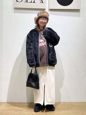 「アイテム（帽子、ブラウン系）」を使った、mocoさん（レディース・165cm）の冬コーディネート