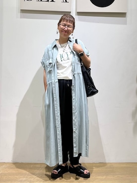 「BAYFLOW（ベイフロー）のアラジンパンツ（その他パンツ、ブラック系）」を使った、mocoさん（レディース・165cm）の夏コーディネート