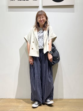 「BAYFLOW（ベイフロー）のフレンチドルマンプリントＴ（Tシャツ/カットソー、グレー系）」を使った、mocoさん（レディース・165cm）の夏コーディネート