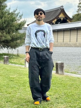 「is-ness（イズネス）の【is-ness/イズネス】Double-Knee Balloon Painter Pants（その他パンツ、ブラック系）」を使った、dosei_モノトーンコーデさん（メンズ・168cm）の春コーディネート