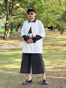 「GU（ジーユー）のアイテム（帽子）」を使った、dosei_モノトーンコーデさん（メンズ・168cm）の夏コーディネート