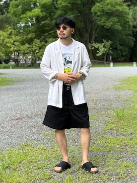 「BIRKENSTOCK（ビルケンシュトック）の【別注】BIRKENSTOCK / Zurich BONE PATTERN BLACK（サンダル、ブラック系）」を使った、dosei_モノトーンコーデさん（メンズ・168cm）の夏コーディネート