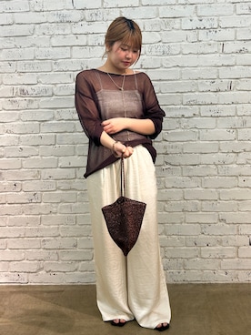 「LOUNGEDRESS（ラウンジドレス）のギマルーズニット（ニット/セーター、ブラウン系）」を使った、qut3e78さん（レディース・161cm）の夏コーディネート