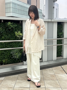 「LOUNGEDRESS（ラウンジドレス）のリネンライクシアージャケット（テーラードジャケット、ホワイト系）」を使った、qut3e78さん（レディース・161cm）の夏コーディネート