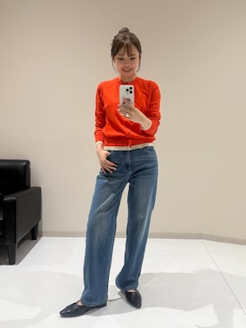 「nissen（ニッセン）の＜大きいサイズ＞8ozなめらか夏デニムワイドストレートパンツ（遮熱・接触冷感・UVカット・ストレッチ）（パンツ、ブルー系）」を使った、ゆらりさん（レディース・154cm）の夏コーディネート